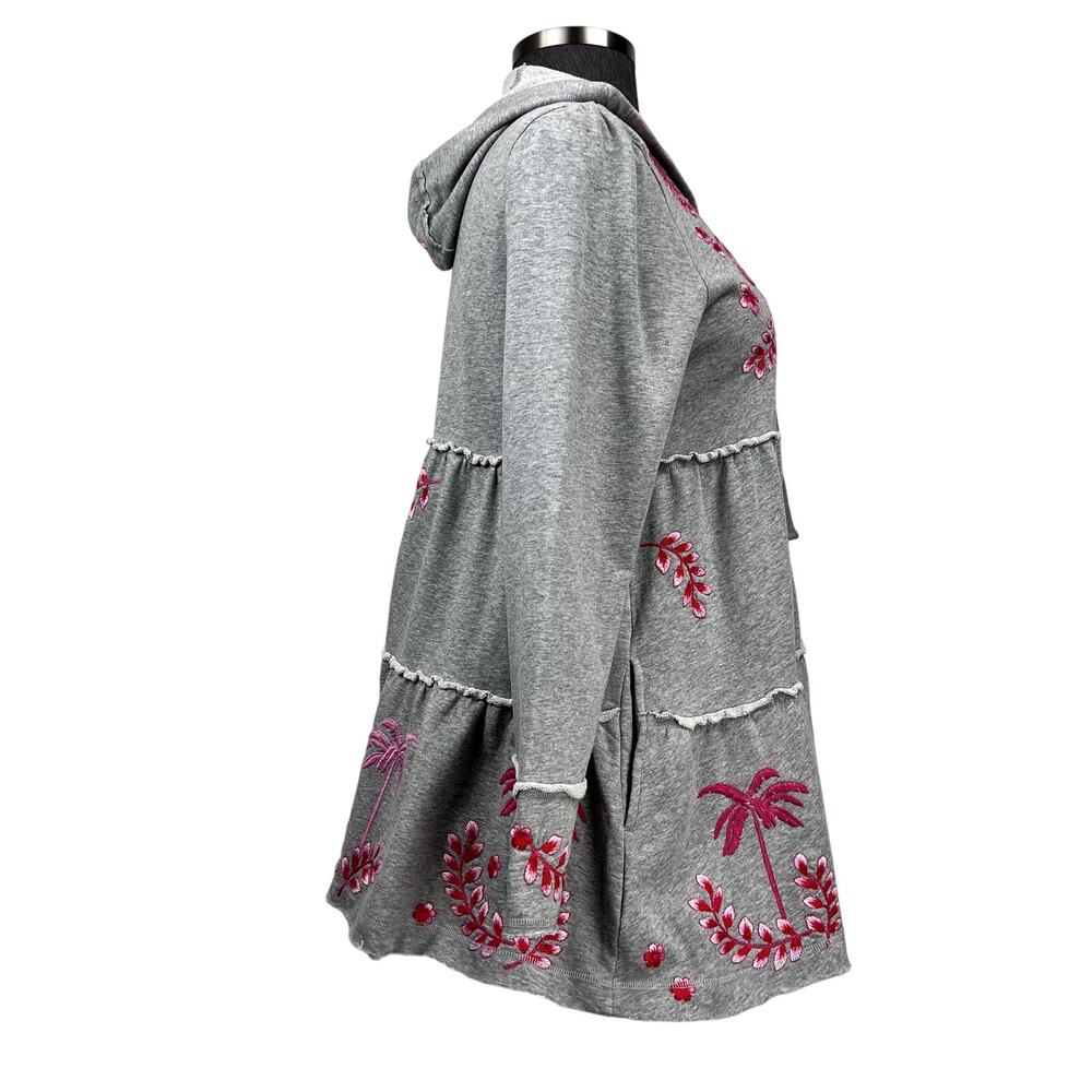 Johnny Was 3 Tier Gray Embroidered Women's Hooded Fleece Zip Jacket Size Large - Picture 3 of 7